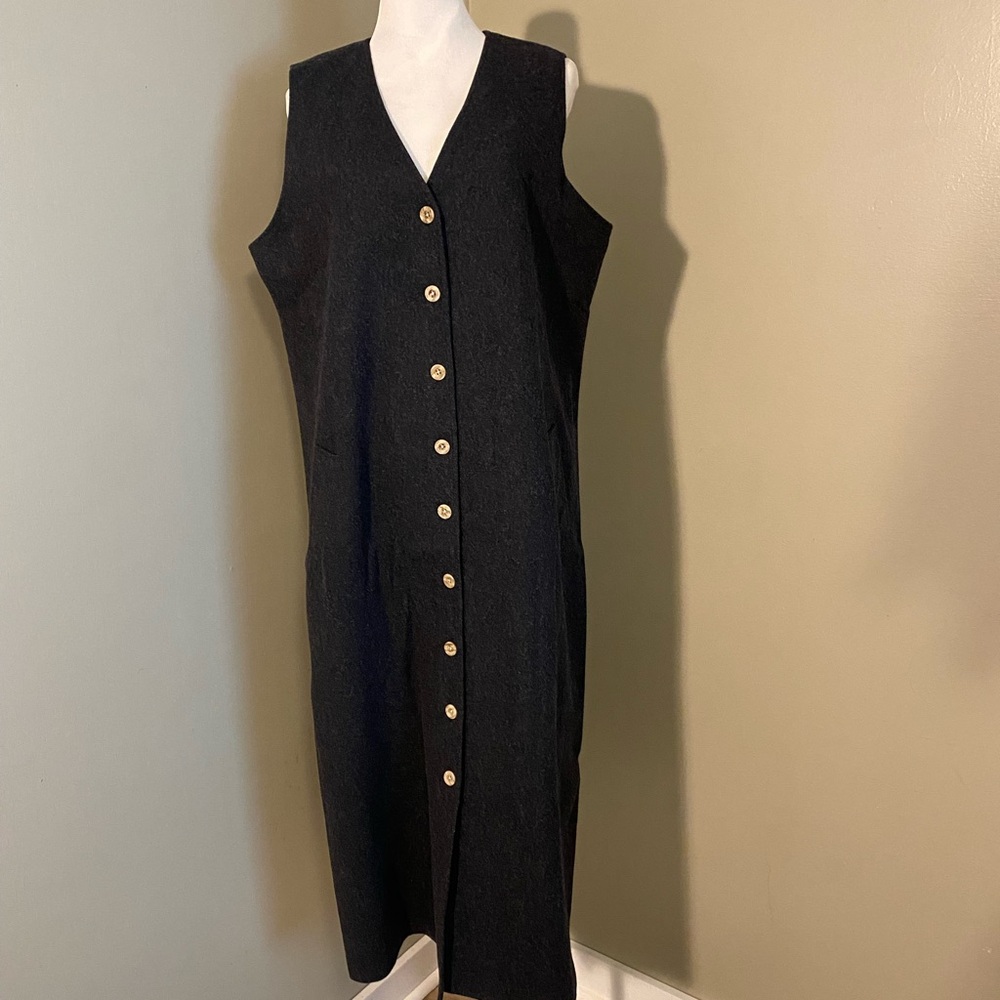 Orvis Dark Gray Wool Sleeveless Button Maxi Dress
